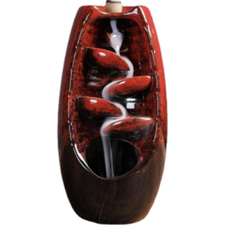 Backflow Reverse Flow Incense Cone Ceramic Burner - Cascading Leaves Waterfall - Red & Black, 8" Tall