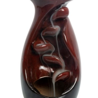 Backflow Incense Cone Burner Ceramic Lily Pad & Cascading Leaves - Red & Black, 7.5" Tall