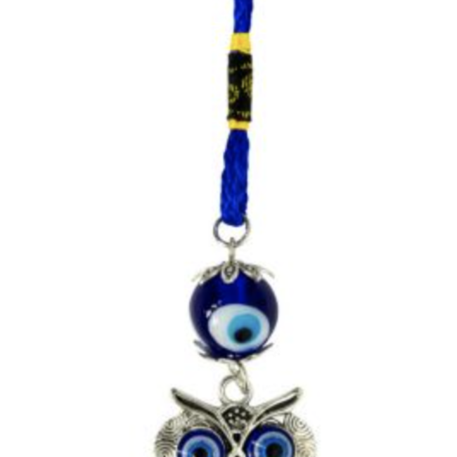Evil Eye Owl Talisman w/ Evil Eye Bead - Blue, 6.5"