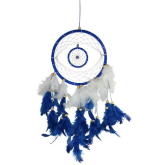 Blue Evil Eye Dreamcatcher Dream Catcher Beads Blue White Feathers - 17"