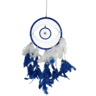 Blue Evil Eye Dreamcatcher Dream Catcher w/ Beads & Blue & White Feathers - 17"