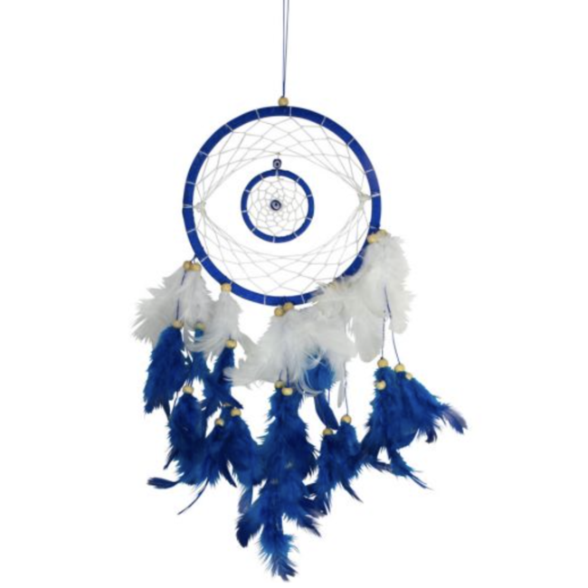 Blue Evil Eye Dreamcatcher Dream Catcher w/ Beads & Blue & White Feathers - 17"