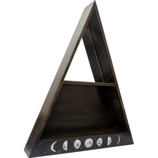 Triangle Wood Altar Shelf w/ Mirror & Black & White Moon Phases - Expresso Brown - 19.5" x 15.5", Home Decor, Crystal Shelf