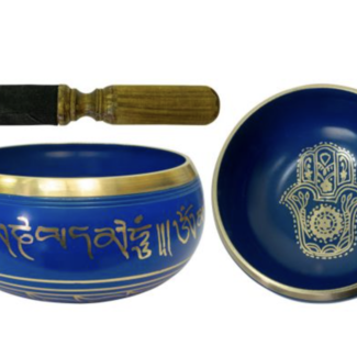 Blue Singing Bowl w/ Gold Hamsa Fatima Hand & Symbols - 5.75" x 3" Hand Hammered Velvet Wood Stick Striker