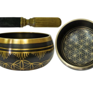 Black Singing Bowl w/ Gold Flower of Life - 5.75" x 3" Hand Hammered Velvet Wood Stick Striker