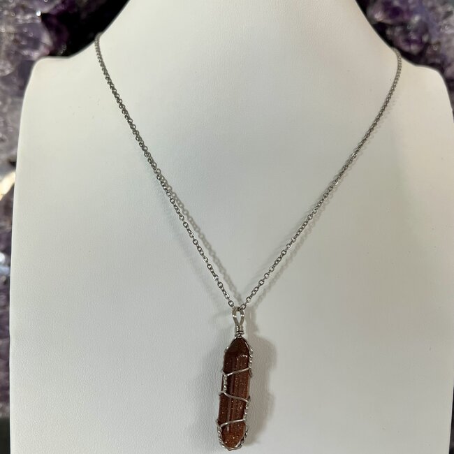 Goldstone Gold Stone Necklace - Wire-Wrapped Point (Silver Plated) - 16-18" Adjustable