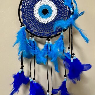 Evil Eye Blue Yarn Knitted Macreme Dreamcatcher Dream Catcher - Blue Feathers Beaded