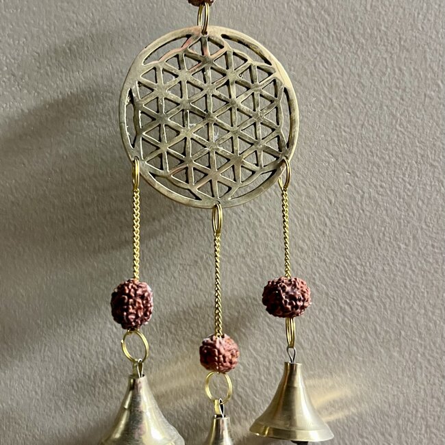 Hanging Flower of Life Bells - Rudrakasha Beads 3 Bells - 10"