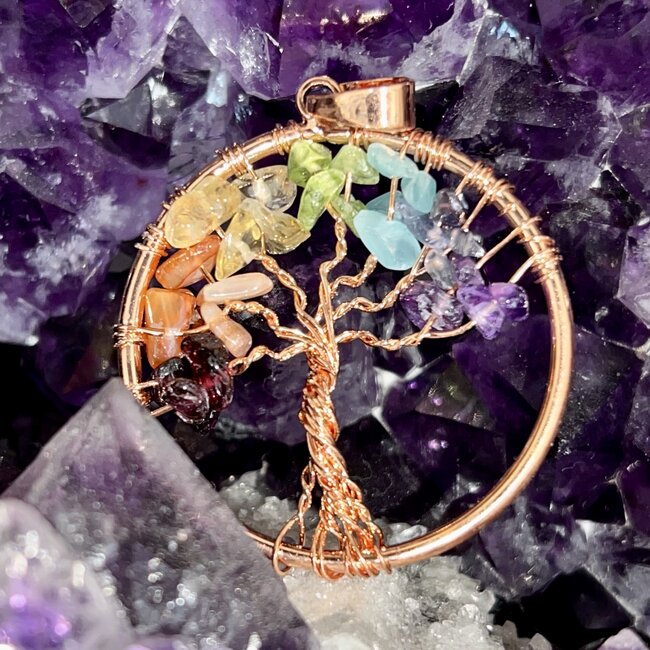 Chakra Tree of Life Pendant  - Copper Plated Round 1.5"