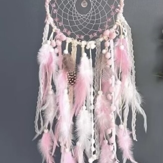 Dreamcatcher Dream Catcher Hand Woven Pink Beads,  LED Pink & White  Feathers - Fabric Design Strands w/ White Beads  Double Light Up Illuminated - 24"