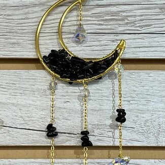 Prism Suncatchers Sun Catchers (Black Obsidian - Small) Crescent Moon-Window Mirror Crystal-Faceted Point Gold