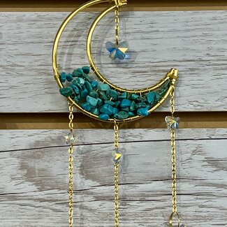 Prism Suncatcher Sun Catcher (Blue Howlite) Crescent Moon-Window Mirror Crystal-Faceted Point Gold