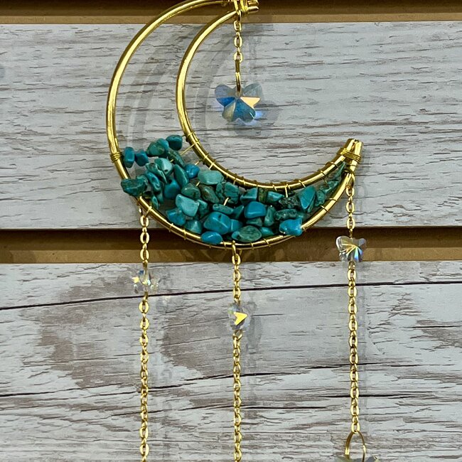 Prism Suncatcher Sun Catcher (Blue Turquoise) Crescent Moon-Window Mirror Crystal-Faceted Point Gold