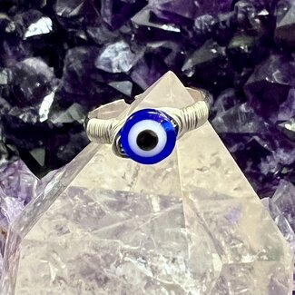 Blue Evil Eye Ring - Adjustable Wire Wrapped Blue - Silver Plated