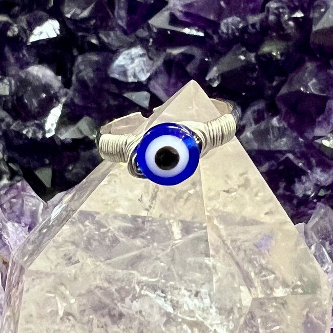Evil Eye Ring - Adjustable Wire Wrapped Blue - Silver Plated