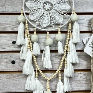 Dreamcatcher with White Woven Flower, Ivory Beads & White Poms & Tassels - Hanging Decor 26"