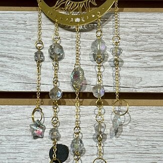 Gold Suncatcher (Sun Catcher) w/ Crescent Moon & Moon Phases Engraved, Faceted Prism Inside Sun,  Strands of Crystal Points & Stars - 15"