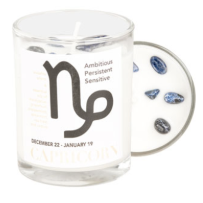 Capricorn Zodiac Candle w/ Sodalite crystals - 10oz, Essential Oil Soy Wax Candle