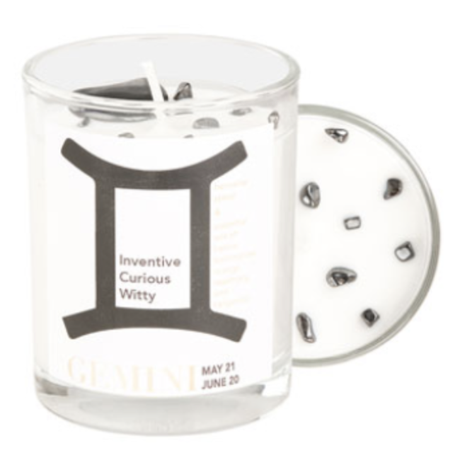 Gemini Zodiac Candle with Hematite crystals - 10oz, Essential Oil Soy Wax Candle