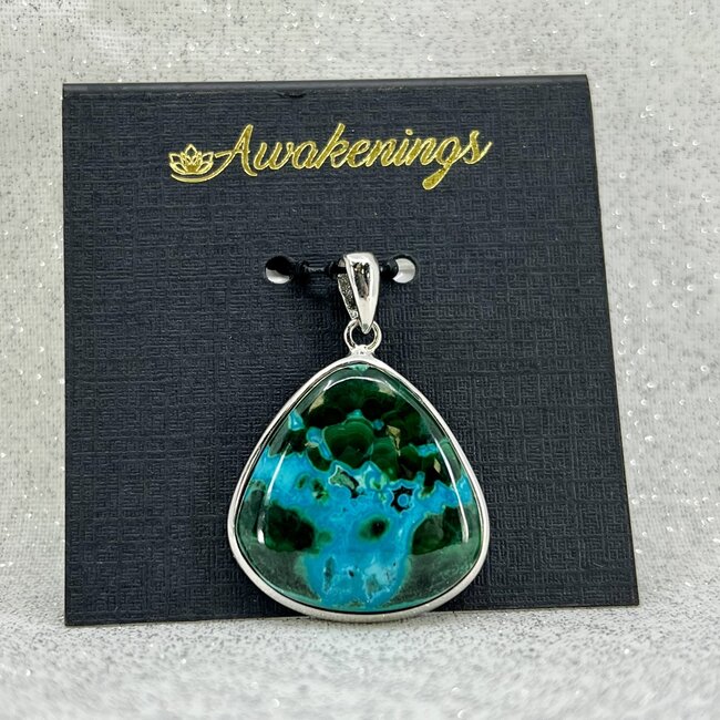 Azurite Malachite & Chrysocolla Pendant - Teardrop Pear Bezel - Sterling Silver