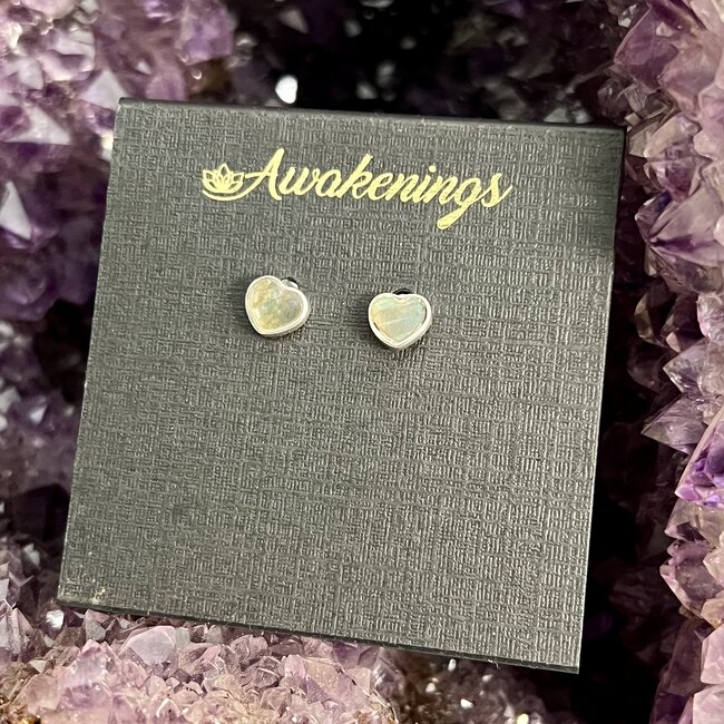 Labradorite Earrings - Hearts Studs Bezel Set - Sterling Silver