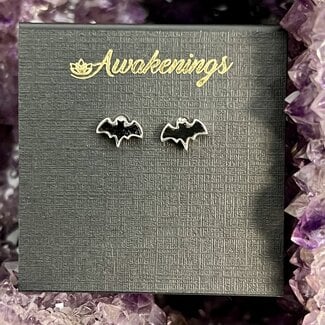 Black Tourmaline Earrings - Bats Studs Sterling Silver