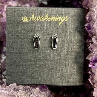 Black Tourmaline Earrings - Coffin Studs - Sterling Silver
