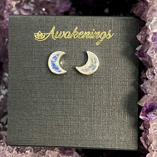 Rainbow Moonstone Earrings - Crescent Moon Studs - Sterling Silver