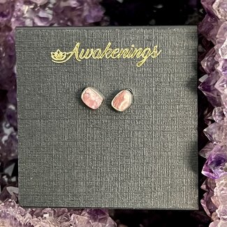 Rhodochrosite Earrings - Stud Bezel Rough Raw Natural - Sterling Silver