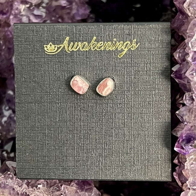Rhodochrosite Earrings - Stud Bezel Rough Raw Natural - Sterling Silver