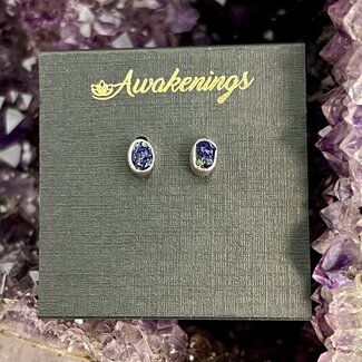 Azurite  Earrings - Studs Rough Raw Natural - Bezel Set Sterling Silver