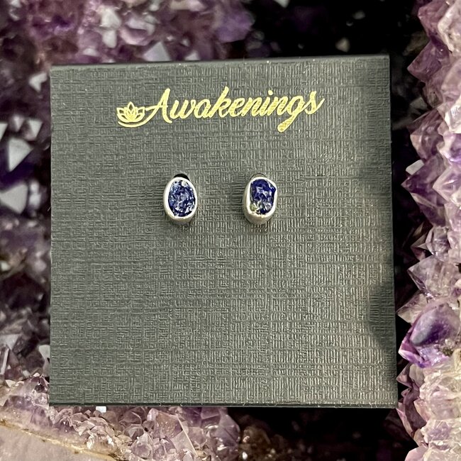 Azurite  Earrings - Studs Rough Raw Natural - Bezel Set Sterling Silver