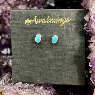 Turquoise Earrings - Oval Studs Bezel Set - Sterling Silver