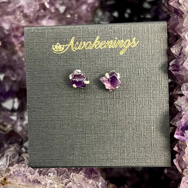 Amethyst Earrings - Studs Rough Raw Natural - Sterling Silver