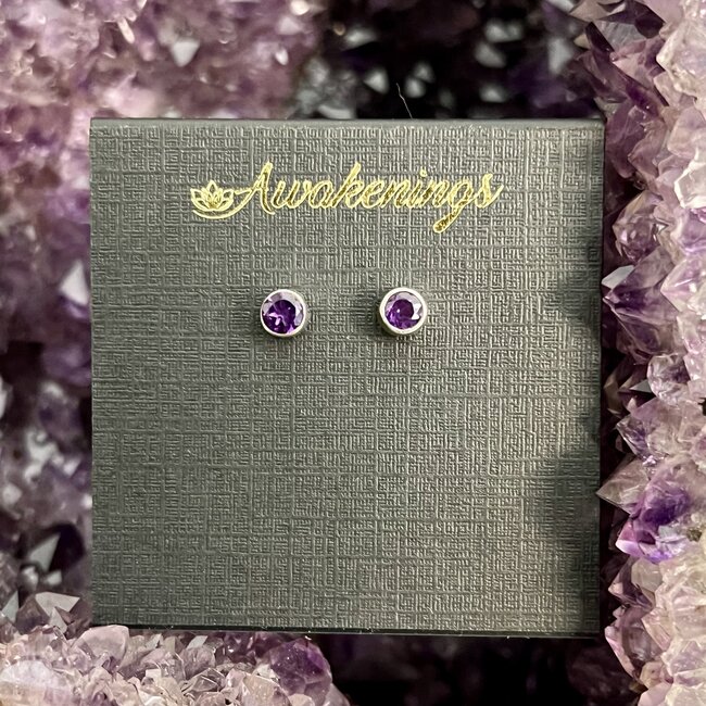 Amethyst Earrings - Round Faceted Bezel Set - Sterling Silver