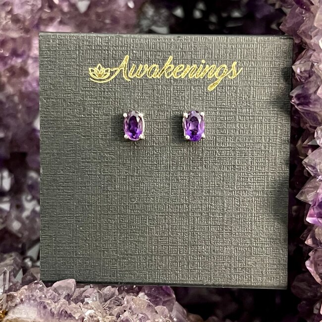 Amethyst Earrings - Oval Faceted Studs - Sterling Silver