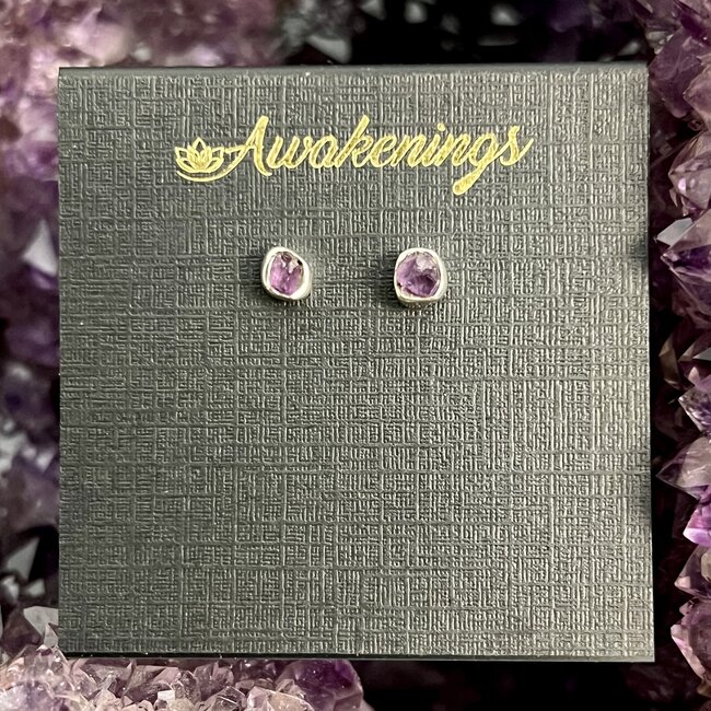 Amethyst Earrings - Stud Bezel Set Rough Raw Natural - Sterling Silver