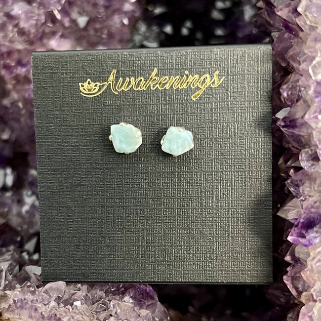 Larimar Earrings - Studs (Polished Flat Front) Rough Raw Natural - Sterling Silver