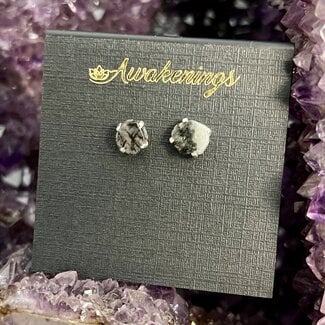 Black Tourmaline in Clear Quartz (Tourmalated Rutilated) Earrings - Studs (Polished Flat Front) Rough Raw Natural - Sterling Silver