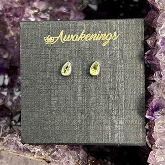 Peridot Earrings - Teardrop Pear Faceted Bezel Set - Sterling Silver