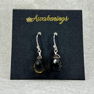 Smoky Quartz Earrings - Teardrop Pear Faceted Dangle - Sterling Silver