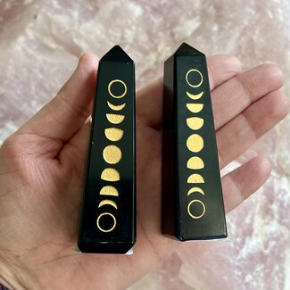 Black Obsidian Obelisk Gold Moon Phases - Tower Point Generator Medium 3-4"