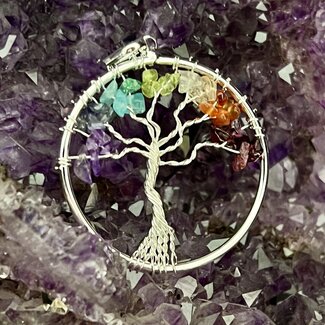 Chakra Tree of Life Pendant  - Silver Plated Round 1.5" Beaded
