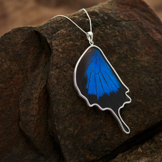 Blue & Black Butterfly Wing Pendant - Sterling Silver - 3" Large Peru Emerge Collection