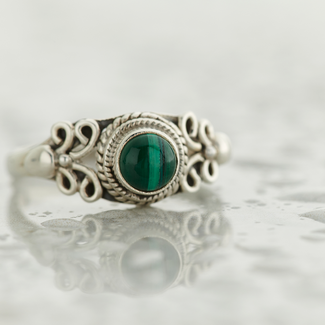 Malachite Rings - Size 10 Round Floral Deco - Sterling Silver