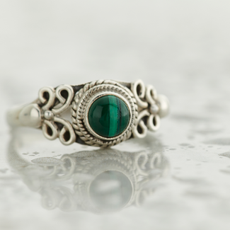 Malachite Rings - Size 9 Round Floral Deco - Sterling Silver