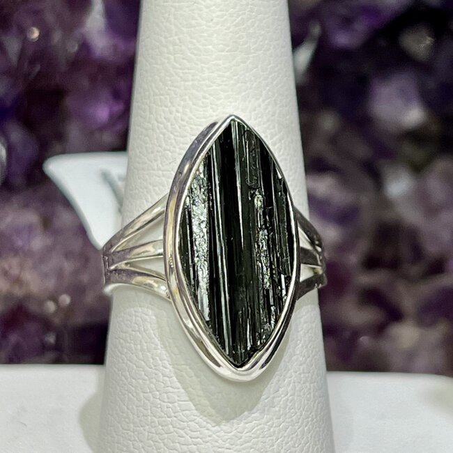 Black Tourmaline Rings - Size 8 Marquise Marquee Rough Raw Natural - Sterling Silver