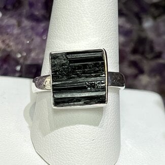Black Tourmaline Rings - Size 11 Square Rough Raw Natural - Sterling Silver
