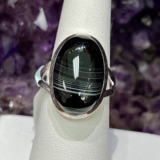 Black Banded Agate Rings - Size 9 Oval - Sterling Silver