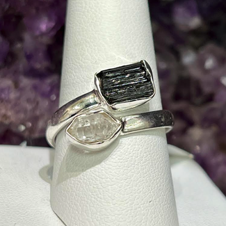 Black Tourmaline & Herkimer Diamond Rings - Size 10 Rough Raw Natural Two Stone - Sterling Silver